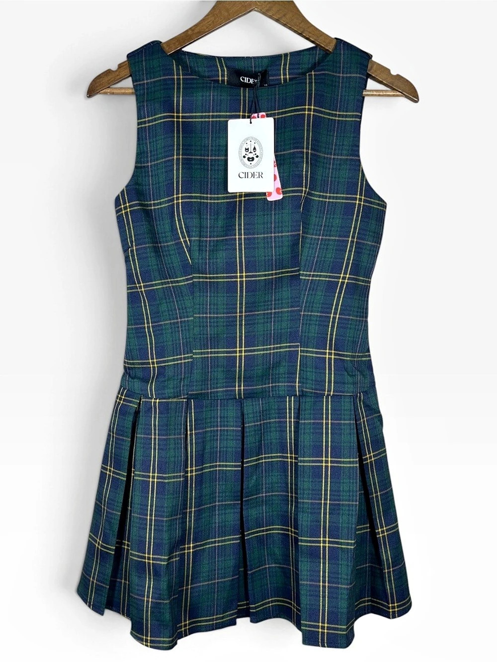 Cider Womens Plaid Mini Dress Scarf Set Size XS Green Dark Academia Preppy NWT